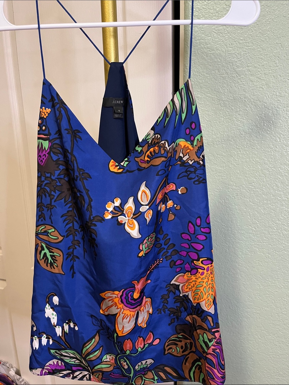 J. Crew Royal Blue Floral-Print Silk Racer Back Tank size 6 NEW